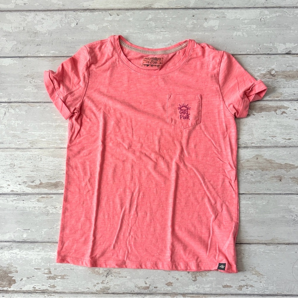 Eddie Bauer 14/16 Short Sleeve Girl Power Hot Pink Neon Shirt Pocket Tee 14 16